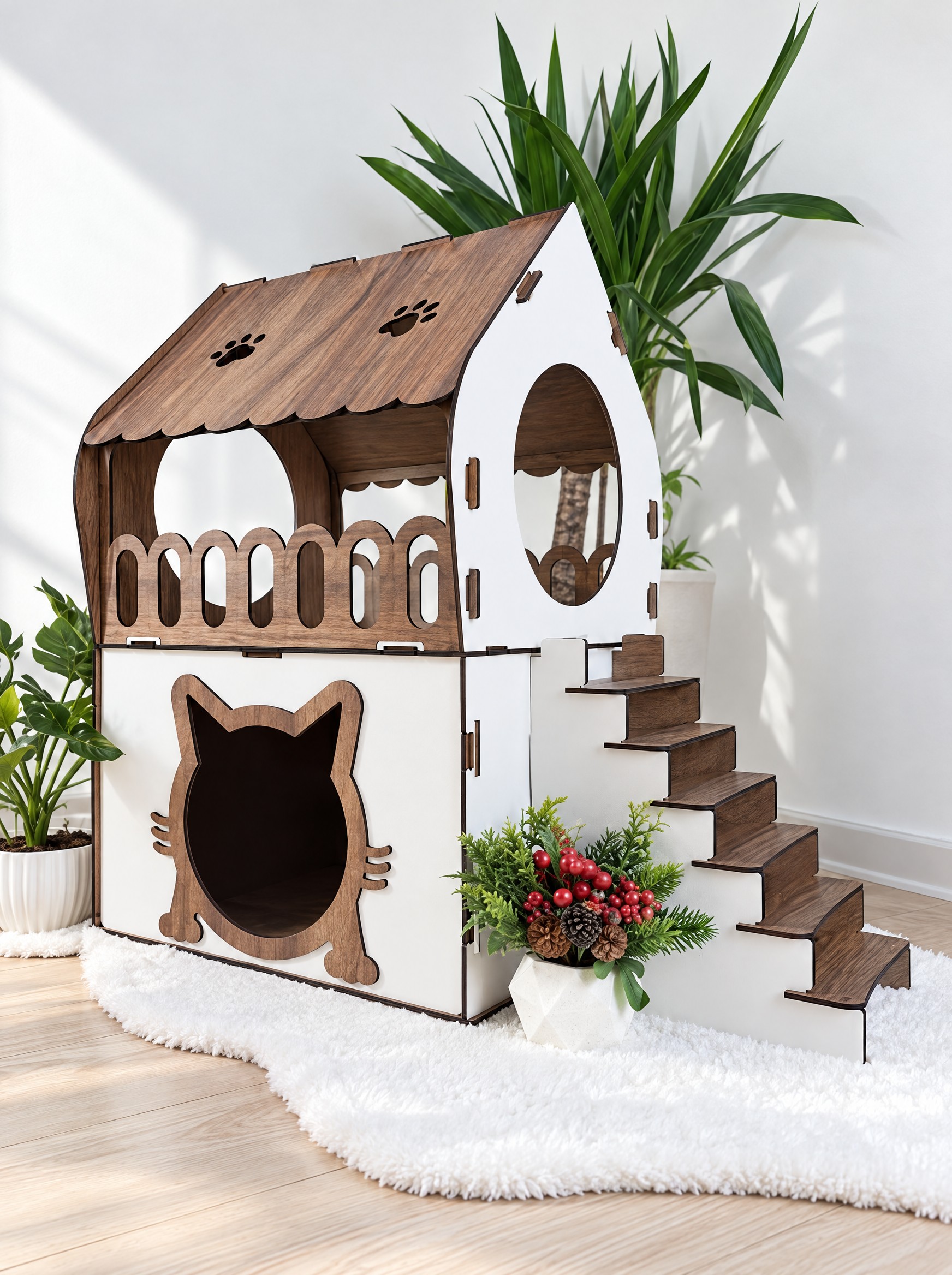 DEKORATİF AHŞAP L MODEL TERASLI KEDİ EVİ - Görsel 2